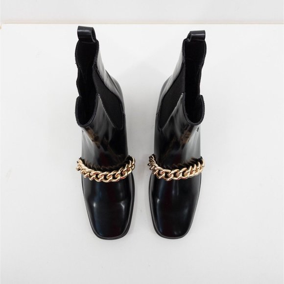 JEFFREY CAMPBELL Emrys Black Chelsea Boot Patent Leather Booties Gold Chain - Picture 3 of 8